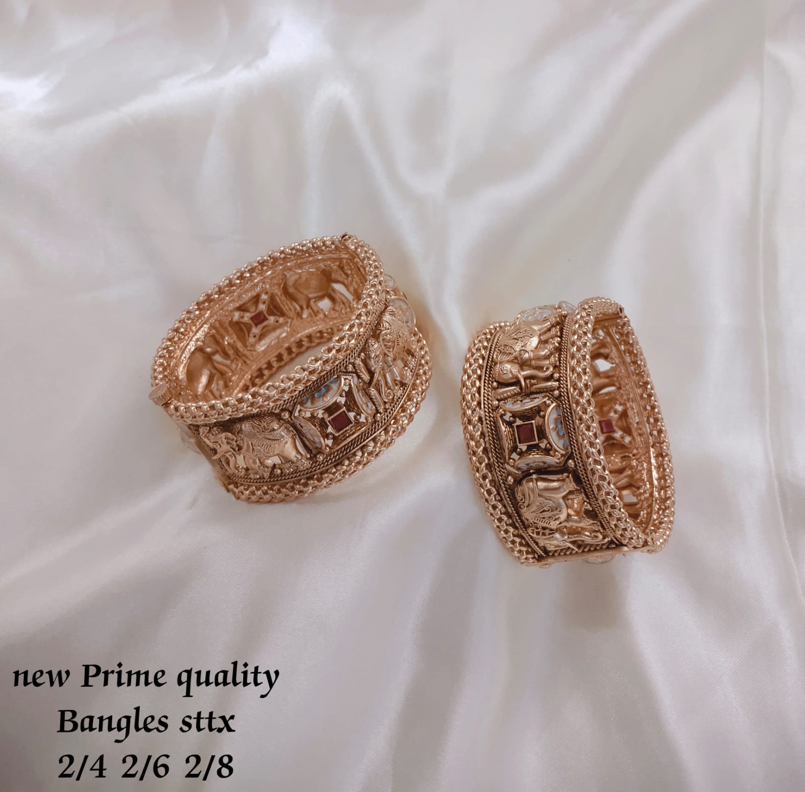 Traditional Gold Plated Elephant Design Studded Sone Copper Openable Bangle Set For Women And Girls For Wedding, Festival